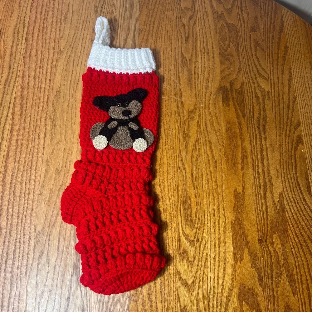 Crocheted Teddy Bear Christmas Stocking Red Knit Holiday Rustic Farmhouse chunky